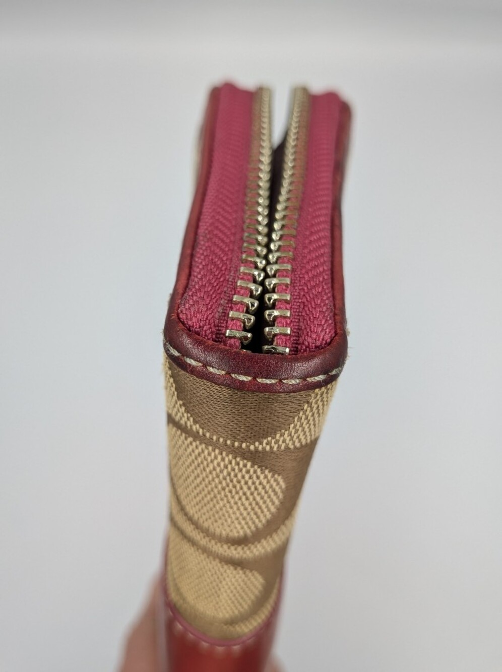 Coach Signature Canvas & Leather Wallet Burgundy Leather Zip Around Continental - Picture 10 of 16